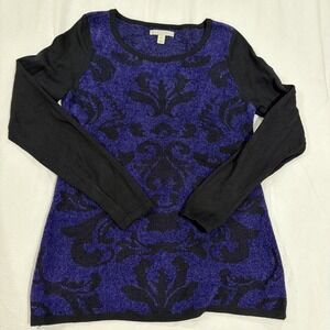 Womens Purple Black Damask Boucle Knit Long Sleeve Sweater Small Goth Victorian